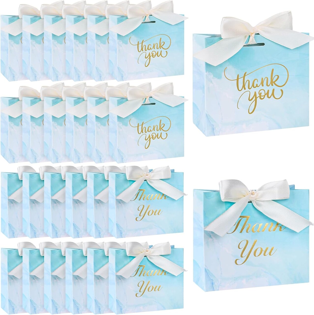 Thank You Gift Bags, Light Blue Bags with Gold Lettering and Bow Ribbon, 24 Pack, for Wedding Bridal Baby Shower Birthday